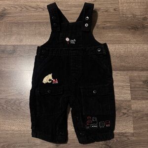 Vintage Winnie the Pooh Embroidered Train Black Corduroy Overalls Baby 6 Months